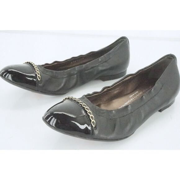 AGL Black Leather Bijoux Chain Embellished Patent Cap Toe Ballet Flat SZ 36 - Picture 2 of 12